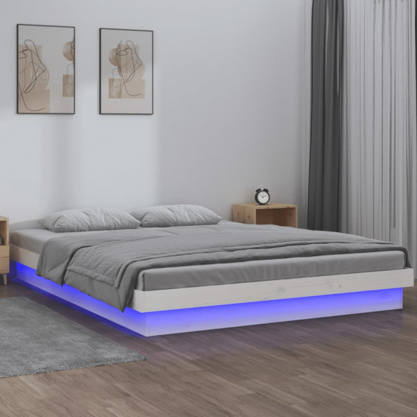 Estrutura de cama com LED madeira maciça branca 160x200 cm D