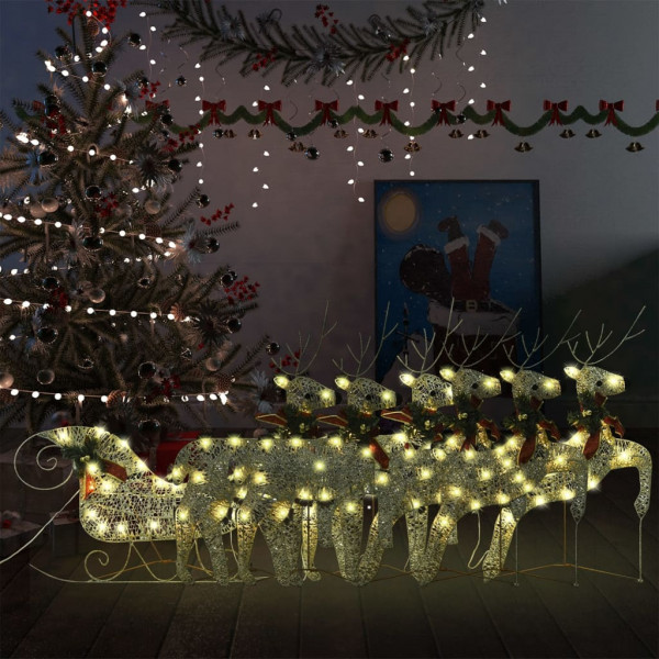 Decoración navideña de renos y trineo de jardín dorado 140 LEDs D