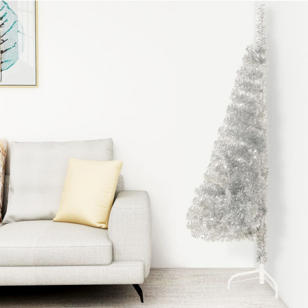 Medio árbol de Navidad artificial y soporte PVC plateado 120 cm D