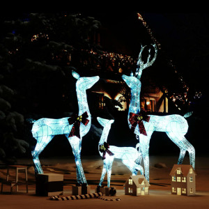 Figuras de família de renas de Natal brancas e prateadas 201 LED D