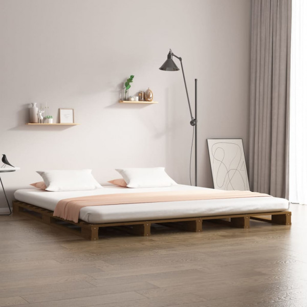 Cama de palets de madera maciza de pino marón miel 135x190 cm Cama de palets de madera maciza de pino marón miel 135x190 cm D