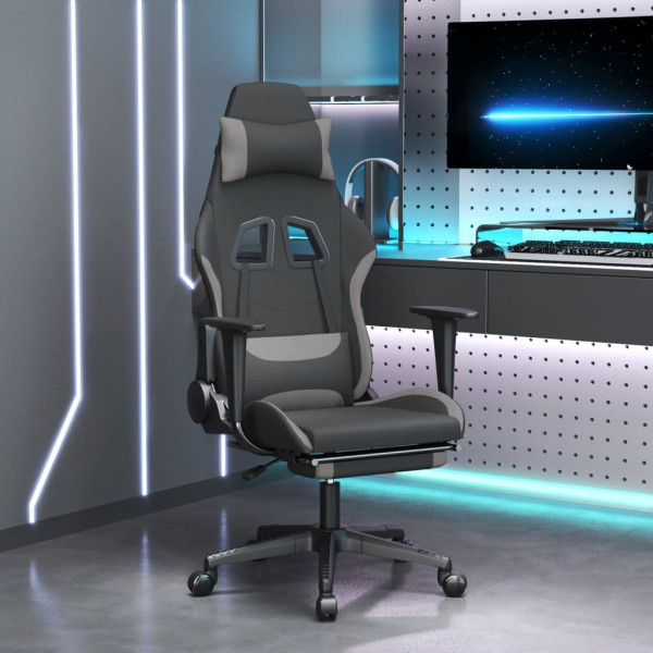 Cadeira de massagem gaming com suporte para pés de tecido preto e cinza claro D