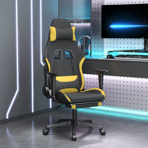 Cadeira de massagem gaming com suporte de pés de tecido preto e amarelo D