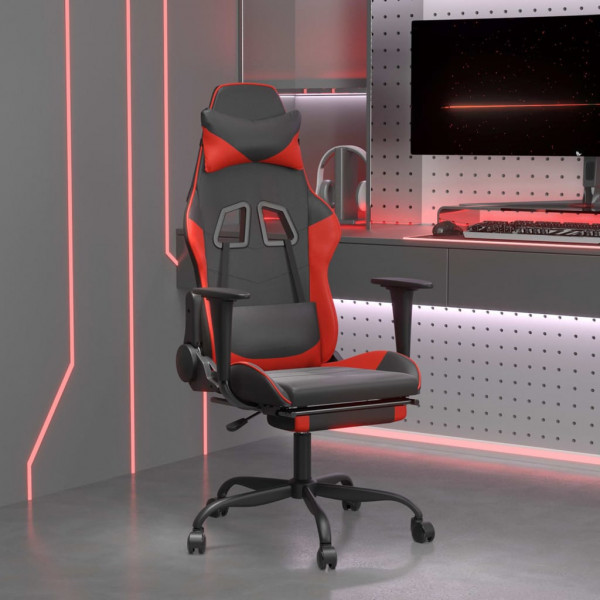 Silla gaming de masaje y reposapiés cuero sintético negro rojo D