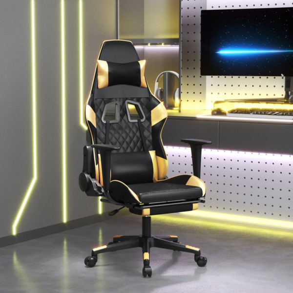 Silla gaming con reposapiés cuero sintético negro dorado D