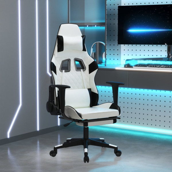 Cadeira de jogos com apoio de pés de couro sintético branco preto D