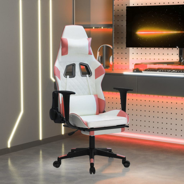 Silla gaming masaje y reposapiés cuero sintético blanco y rosa D