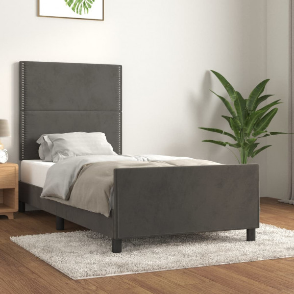 Estrutura de cama com cabeceira de veludo cinza escuro 90x190cm D