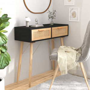 Mesa consola em madeira maciça de pinho preto rattan natural 80x30x75 cm D