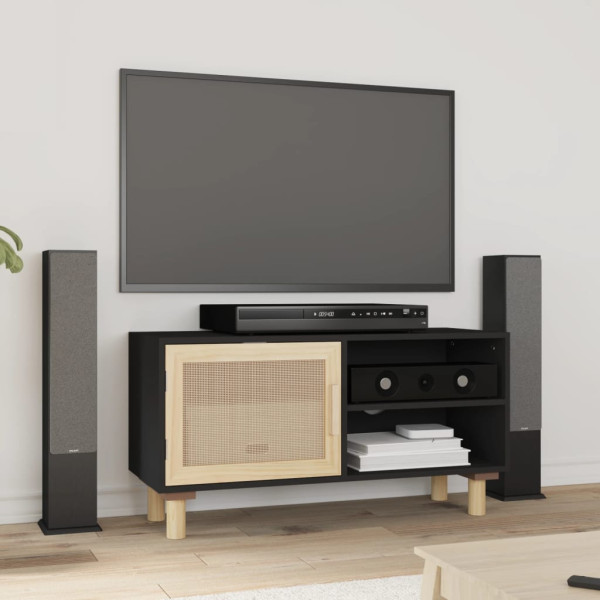 Mueble para TV madera maciza pino y ratán natural 80x30x40 cm D