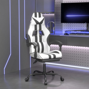 Cadeira gamer com apoio para pés em couro sintético branco preto D