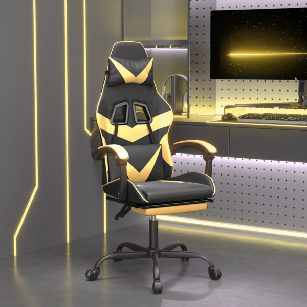 Cadeira giratória para jogos apoio para os pés couro sintético preto dourado D