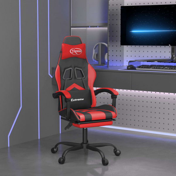 Cadeira de jogos com apoio de pés de couro sintético preto vermelho D