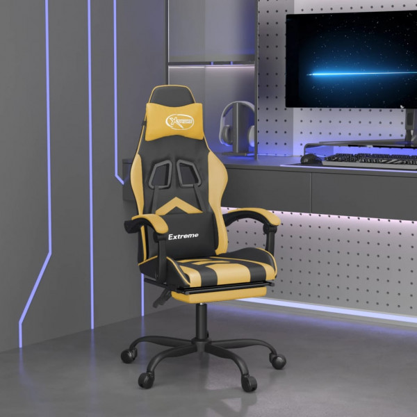 Cadeira de jogos com apoio de pés de couro sintético preto dourado D