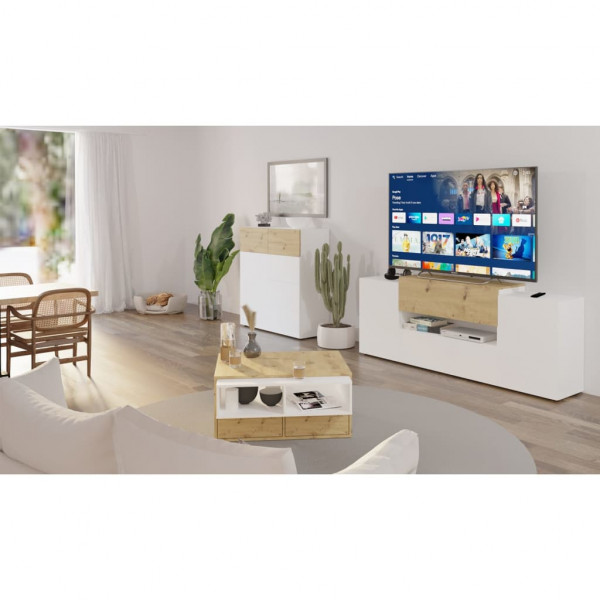 FMD Mueble de TV/equipos de música roble y blanco 182x33x70.2 cm D