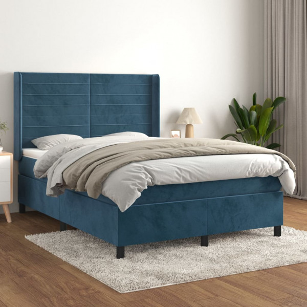 Cama box spring con colchón terciopelo azul oscuro 140x200 cm D