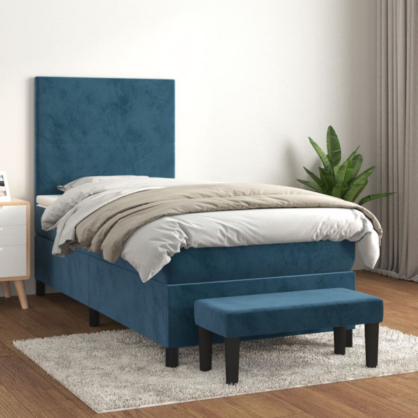 Cama box spring con colchón terciopelo azul oscuro 100x200 cm D