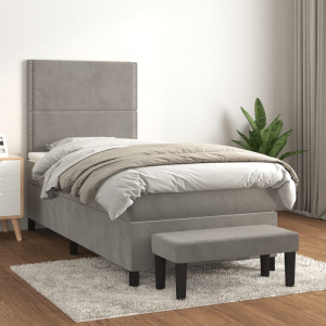 Cama box spring con colchón terciopelo gris claro 100x200 cm D