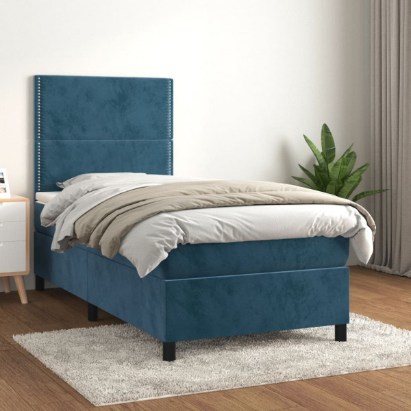 Cama box spring con colchón terciopelo azul oscuro 100x200 cm D