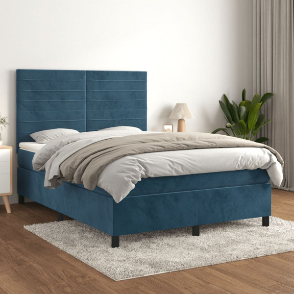 Cama box spring con colchón terciopelo azul oscuro 140x200 cm D