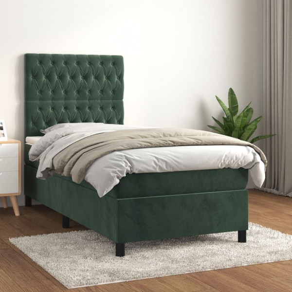 Cama box spring con colchón terciopelo verde oscuro 80x200 cm D
