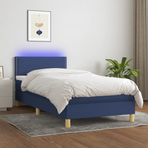 Cama box spring con colchón y LED tela azul 90x200 cm D