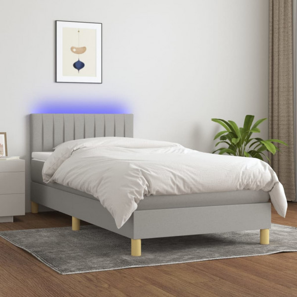 Cama box spring colchão e luzes LED tecido cinza claro 90x200 cm D