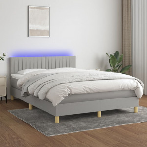 Cama box spring colchón y luces LED tela gris claro 140x200 cm D