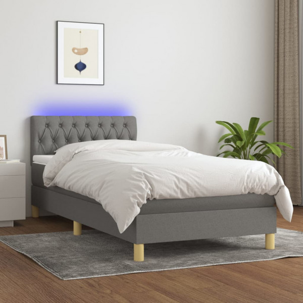 Cama box spring con colchón y LED tela gris oscuro 100x200 cm D