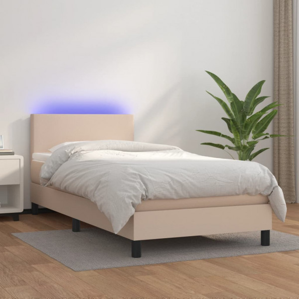 Cama box spring colchón LED cuero sintético capuchino 90x200 cm D