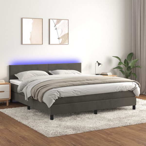 Cama box spring com colchão e veludo LED cinza escuro 160x200 cm D
