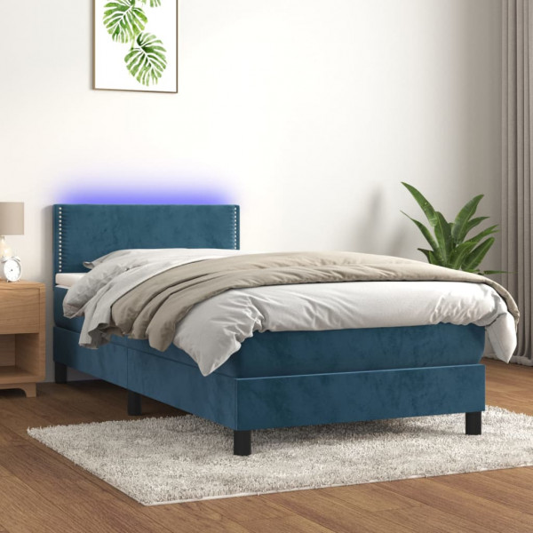 Cama box spring colchón y LED terciopelo azul oscuro 90x200 cm D