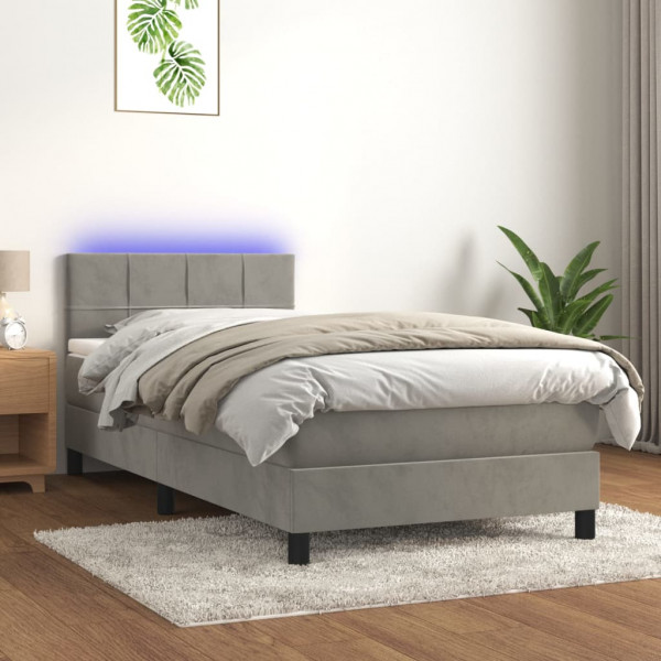 Cama box spring colchón y LED terciopelo gris claro 90x200 cm D