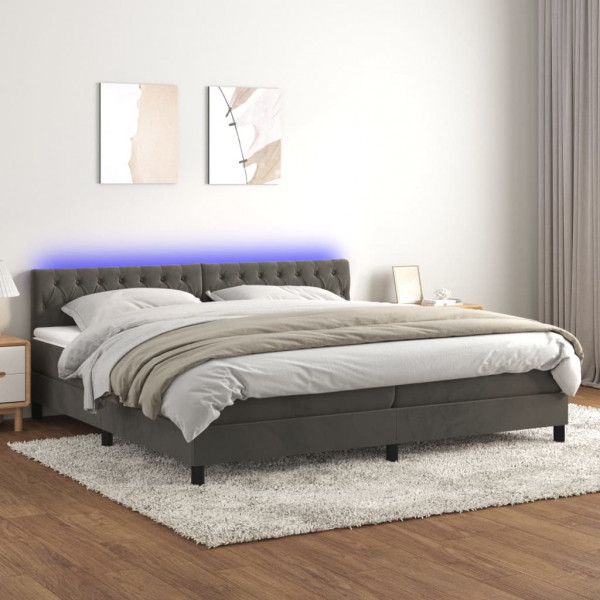 Cama box spring colchão e LED veludo cinza escuro 200x200 cm D
