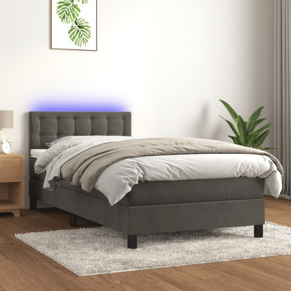 Cama box spring com colchão e veludo LED cinza escuro 100x200 cm D