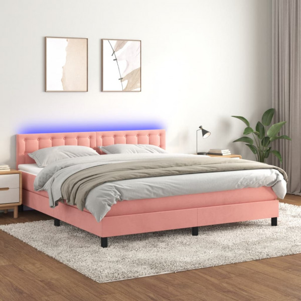 Cama box spring com colchão e veludo rosa LED 160x200 cm D