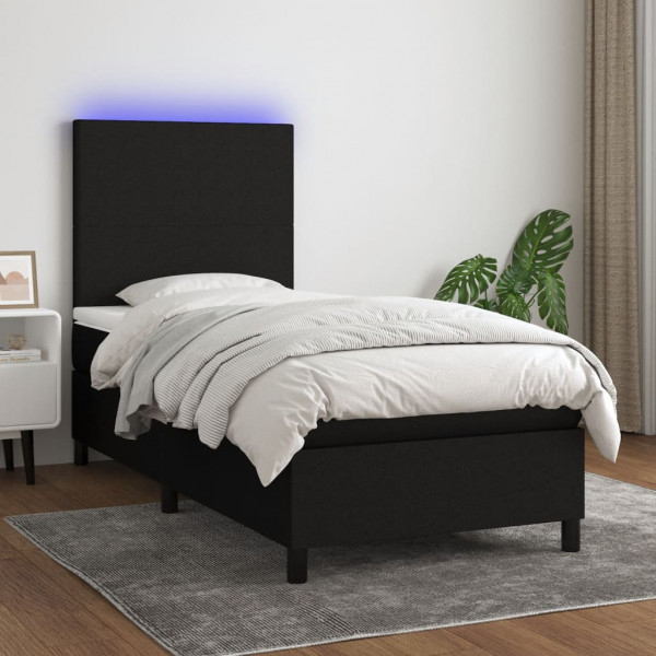 Cama box spring colchão e luzes LED tecido preto 100x200 cm D