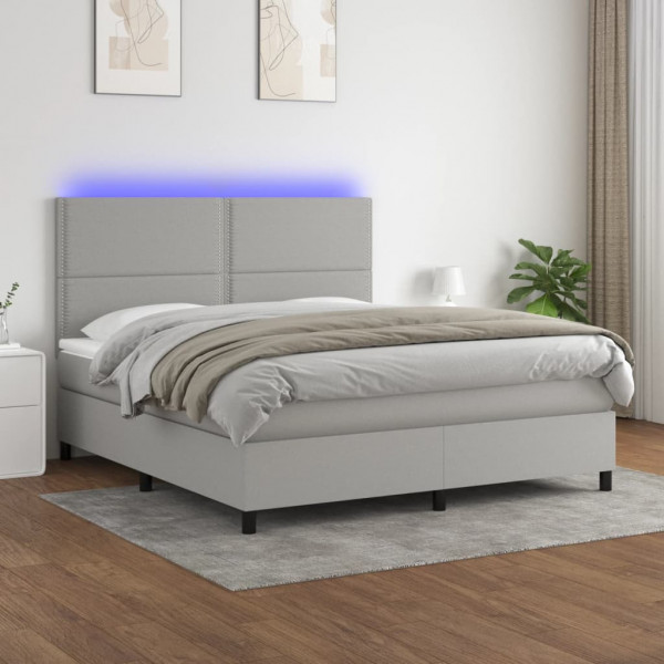 Cama box spring colchão e luzes LED tecido cinza claro 160x200 cm D