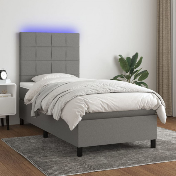Cama box spring colchón y luces LED tela gris oscuro 80x200 cm D