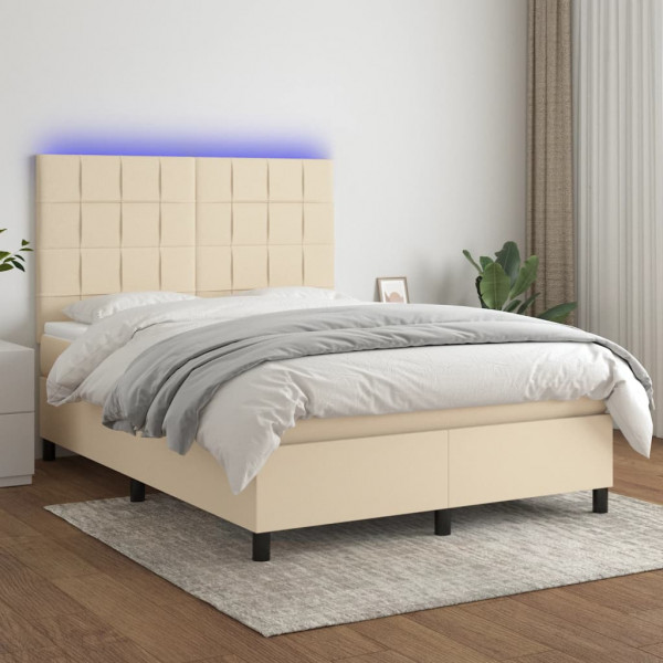 Colchão de cama box spring e luzes LED tecido creme 140x200 cm D
