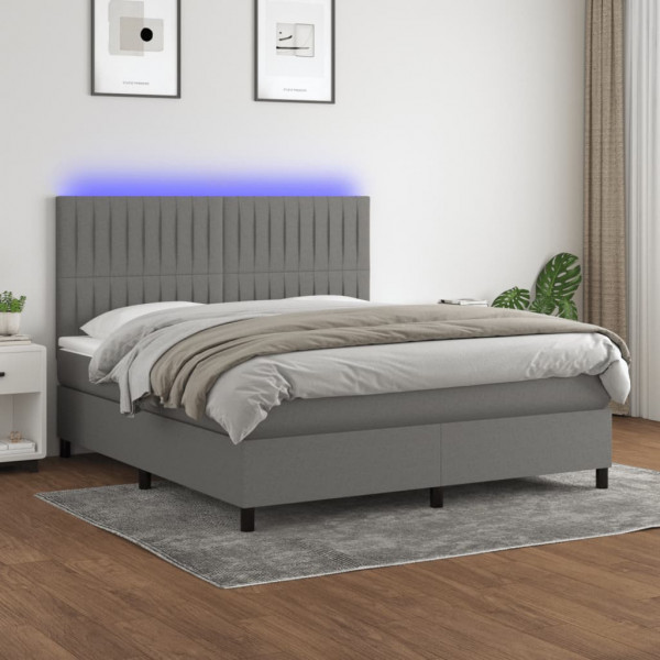 Cama box spring colchón y luces LED tela gris oscuro 160x200 cm D