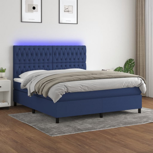 Colchão cama box spring e luzes LED tecido azul 160x200 cm D