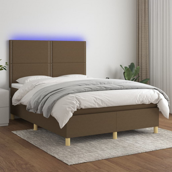 Cama box spring colchão luzes LED tecido marrom escuro 140x190 cm D