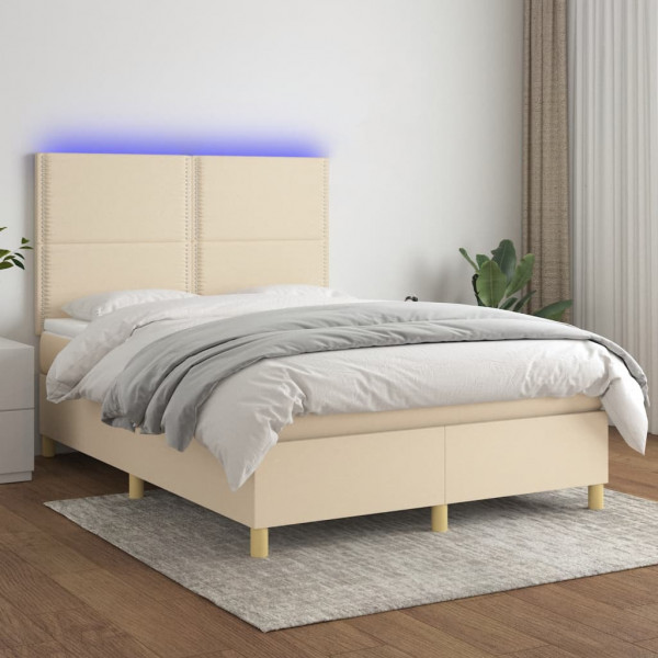 Cama box spring colchão e luzes LED tecido creme 140x190 cm D