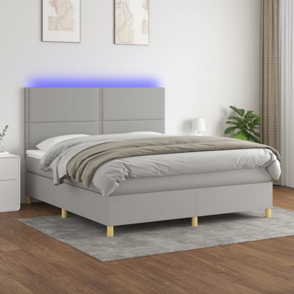 Cama box spring colchão e luzes LED tecido cinza claro 180x200 cm D