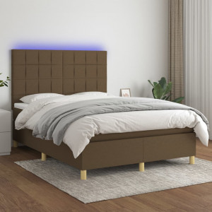 Cama box spring colchón luces LED tela marrón oscuro 140x190 cm D