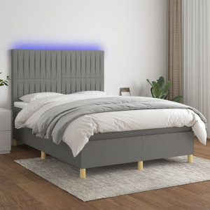 Cama box spring colchón y luces LED tela gris oscuro 140x200 cm D
