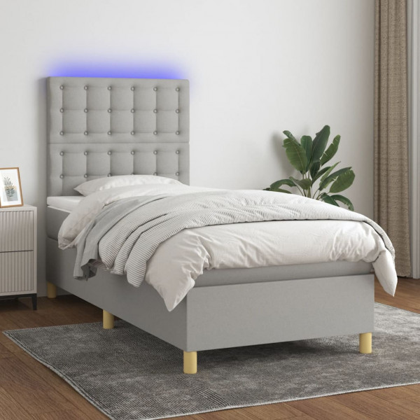 Cama box spring colchón y luces LED tela gris claro 100x200 cm D