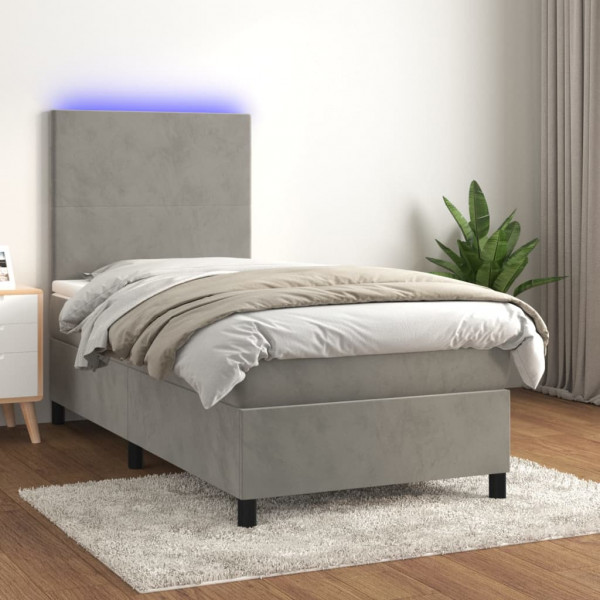 Cama box spring colchón y LED terciopelo gris claro 80x200 cm D