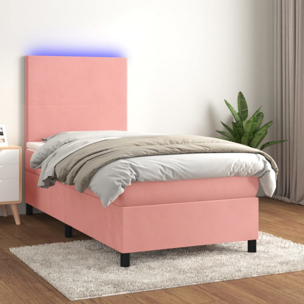 Cama box spring colchón y LED terciopelo rosa 90x200 cm D